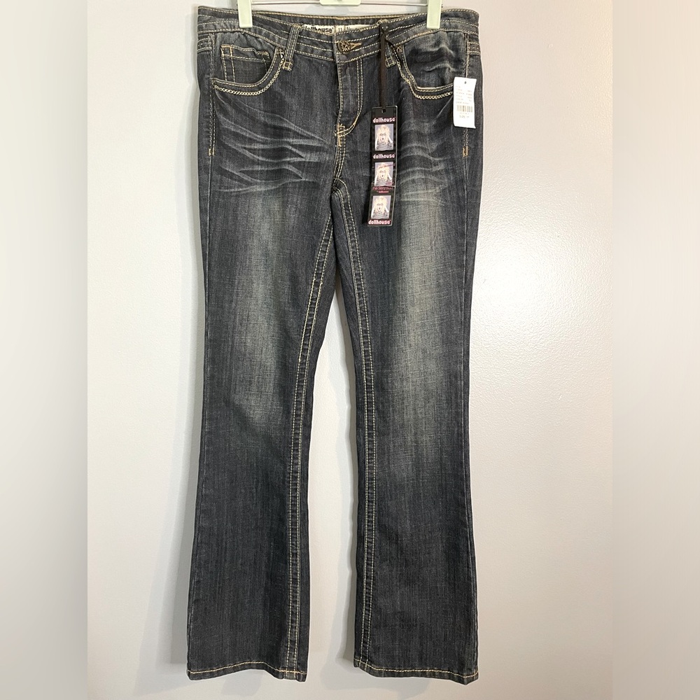 DOLLHOUSE "You Are Beautiful" Distressed Flare Flap Pocket Button Denim Jeans 11